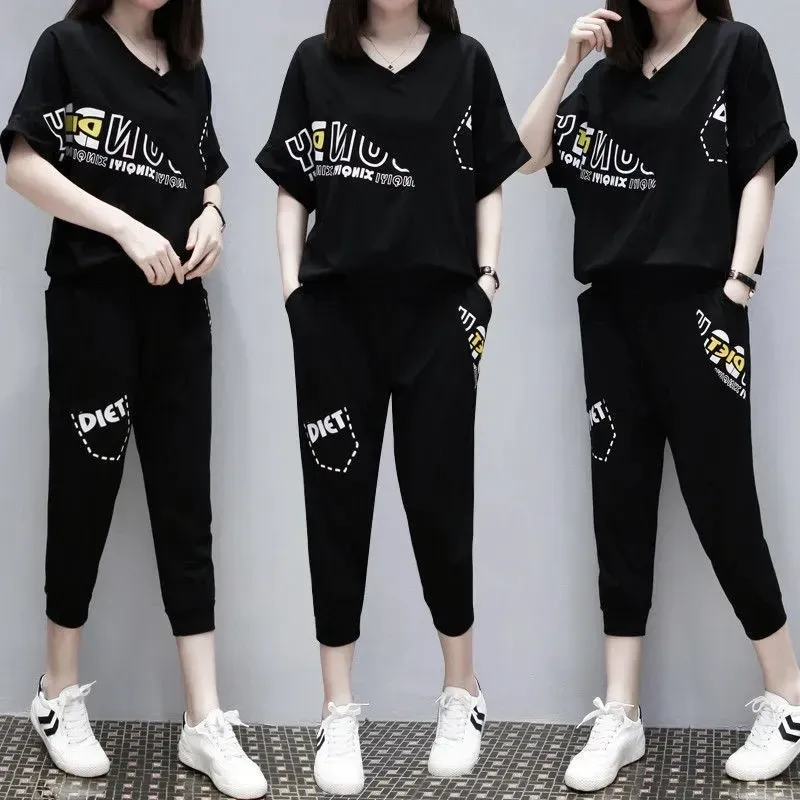 Groot formaat losse zomer sport tweedelig sets vrouwen korte mouw t-shirt broek student sportkleding pak vrouw casual tracksuits