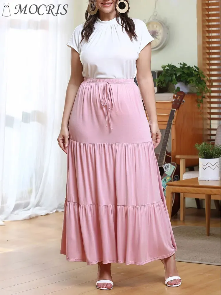 Plus Size Casual Monochromatic Pink Ruffled Laceup Long Skirt Elegant and Pretty Pleated Elastic Waist Summer Cake 2023 240328