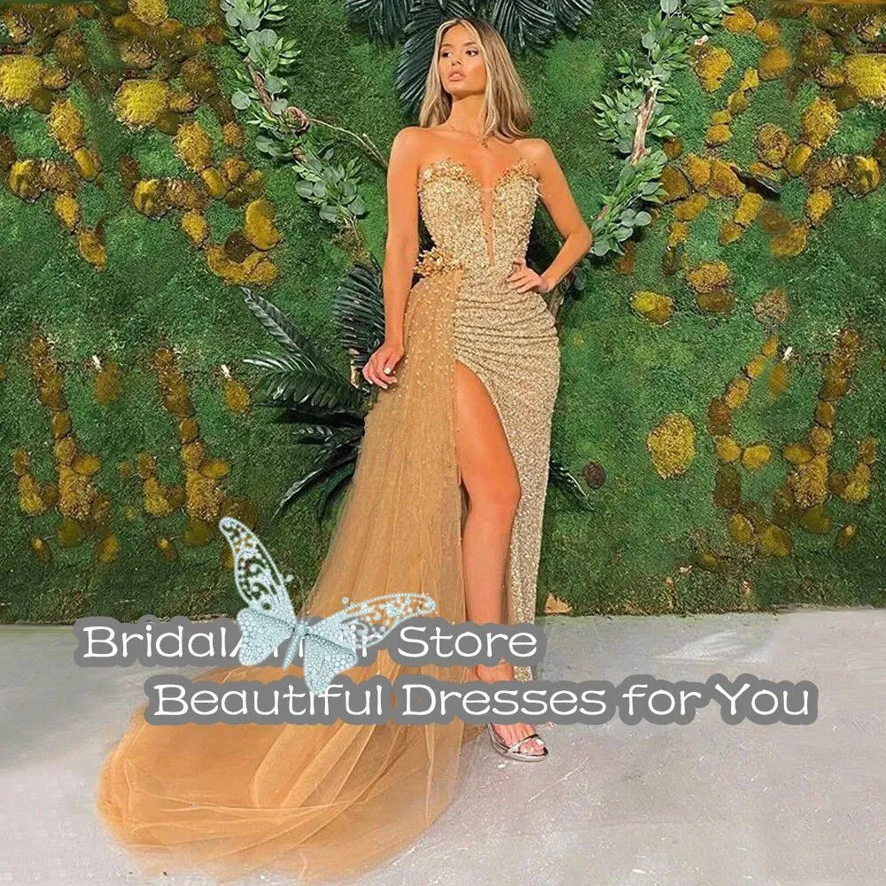 Custom-Made African Gold Sequin Mermaid Modanisa Evening Dresses with Sweetheart Neckline and Glittering Details - Perfect for Formal Prom and Parties