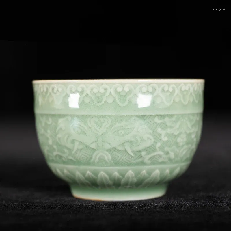 Tassen Untertassen Pflaumen Grüne Elefantenmuster verwickelt Branchen Lotus Tee Tasse Retro -Stil Chinesische Meister Keramik Set Hand geschnitzt