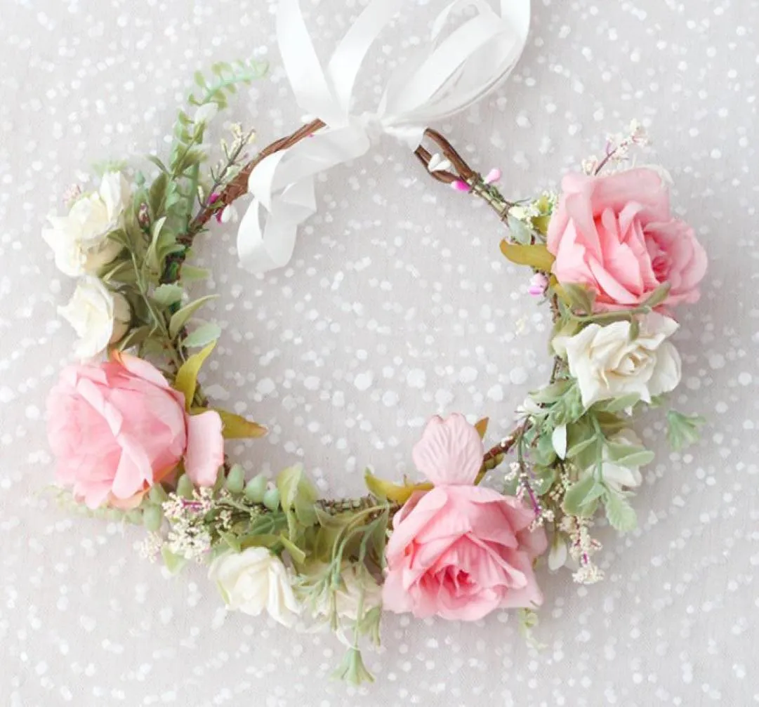 Girls big Rose flower crown hand made kids simulation Rural flowers princess garlands women beach headband A34316583198