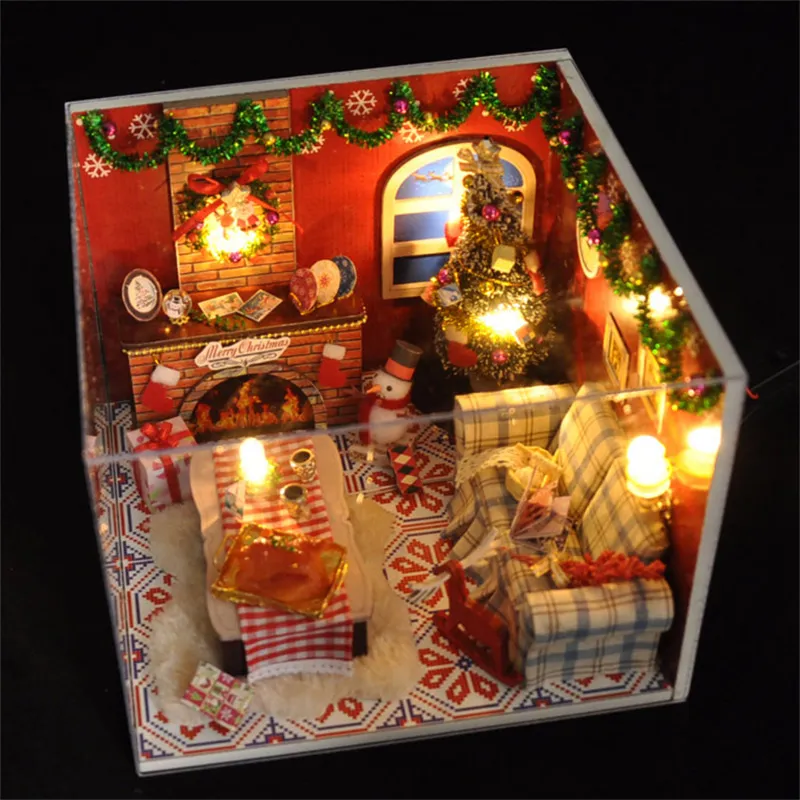 Regalos de Navidad Diy Madera de madera Casa Dollhouse Mandeo de nieve en miniatura Manilla de nieve reunida con juguetes de muebles para amigos