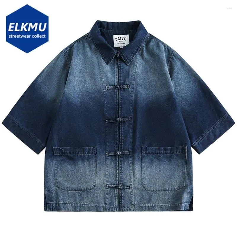 Chemises décontractées pour hommes Denim bleu hommes Japon Style en vrac à manches courtes Bouloues Blouse Streetwear Hip Hop HARAJUKU JEANS OVENIDEDIMES