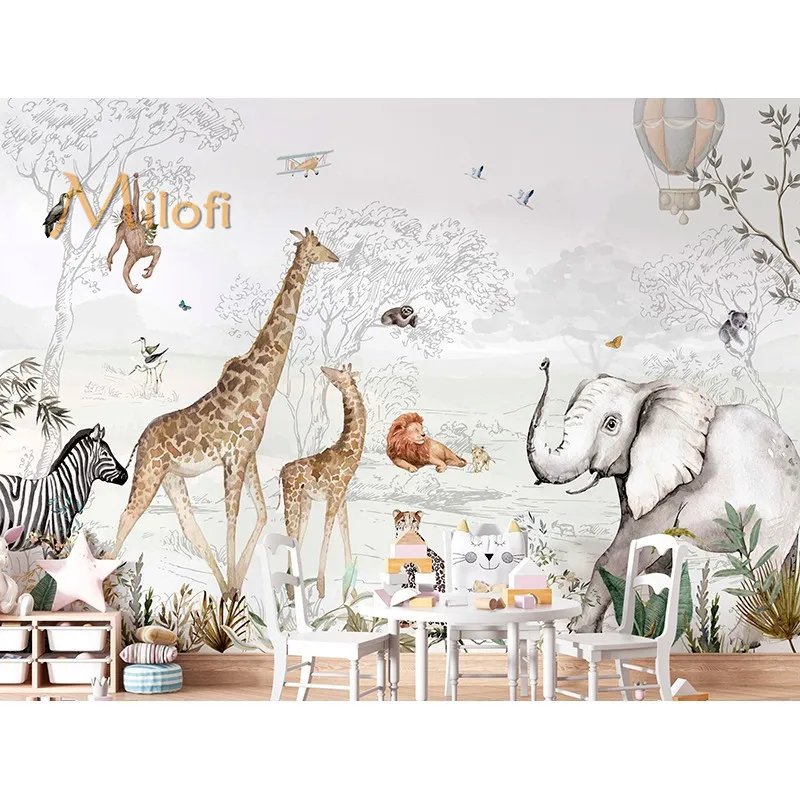 Milofi Custom 3D Auto-Adhesive Wallpaper, peintures murales d'Asie du Sud-Est peintes à la main, forêt tropicale tropicale, animaux girafe, salon