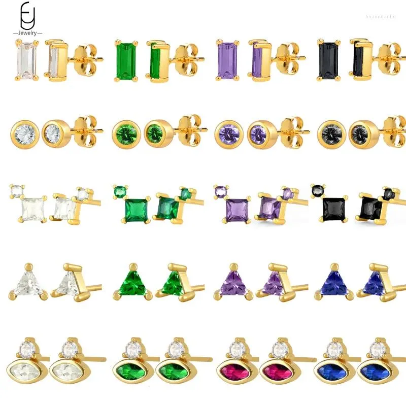 Boucles d'oreilles 925 aiguille en argent sterling, petite boucle d'oreille géométrique pour les femmes Round / Square / Triangle Bijoux en cristal coloré
