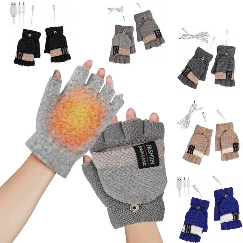 Women USB Heated Gloves Winter Thermal Electric Heating Gloves Half Finger Winter Warm Knit Hand Gloves Cycling Skiing Glove