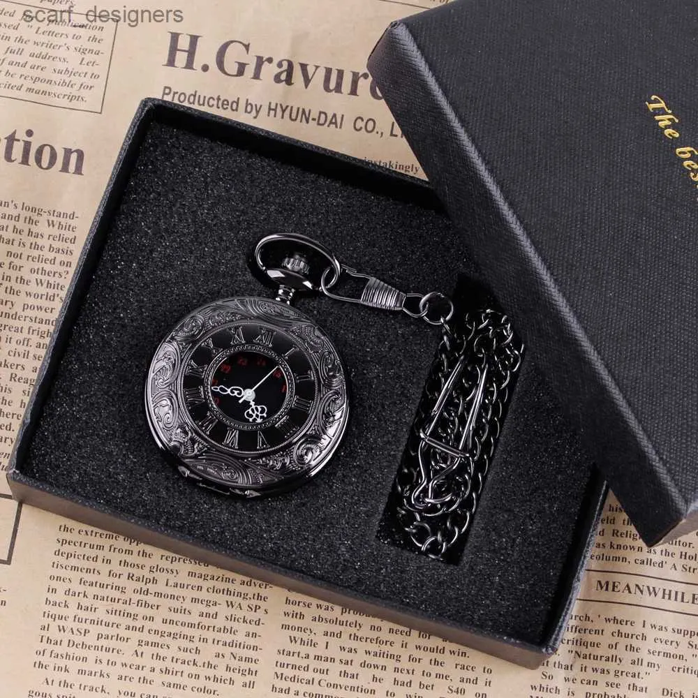 Pocket Watches Fashion Black Roman Digital Quartz Pocket Necklace Mens and Womens Dress Accessories Presentlåda Y240410