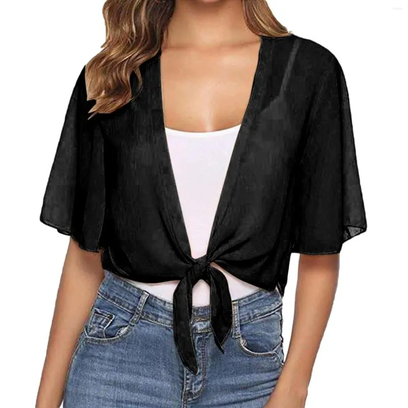 Women's Blouses Women Tops Tie Front Chiffon Lace Clothes Short Sleeve Cropped Sheer Bolero Cardigan Black Cover Up For Summer 2024