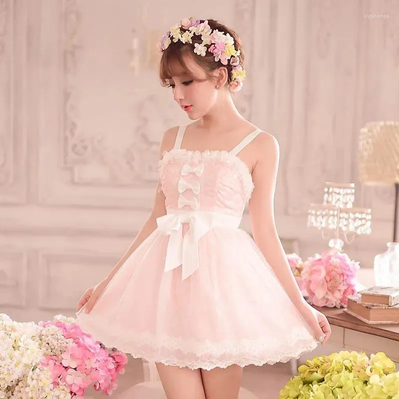 Casual jurken Princess Sweet Lolita Traid Candy Rain zomer Japanse roze boog kanten mouwloze schoudertraps c15ab5788