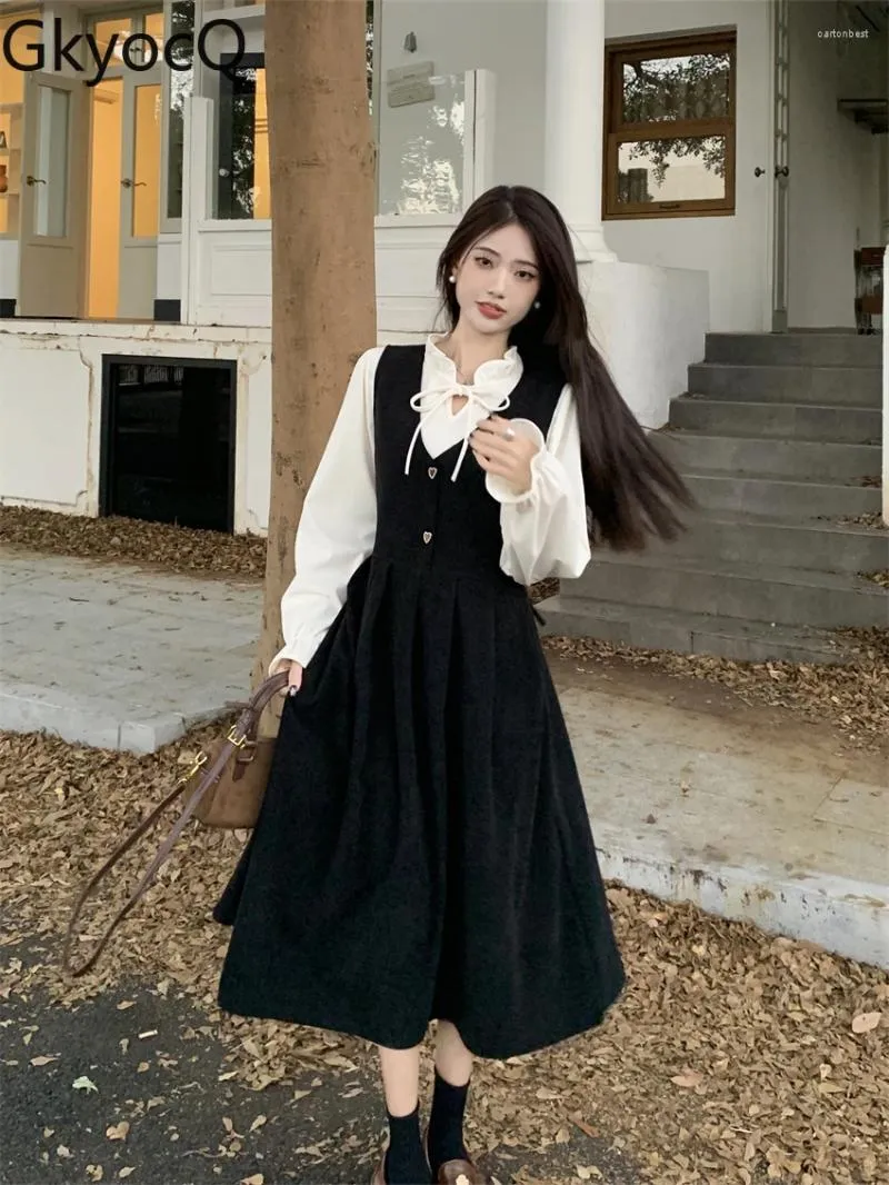 Korean White Top With Black Dress Over Korean Style Corduroy Dress