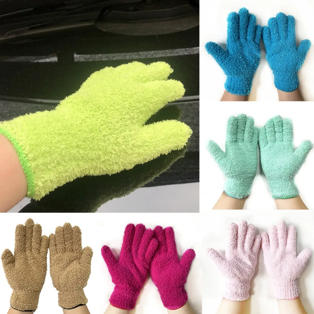 1 par femfingers absorberande mikrofiber Återanvändbar borttagning Rengöringskorallfleece rengöring handskar dammborttagare