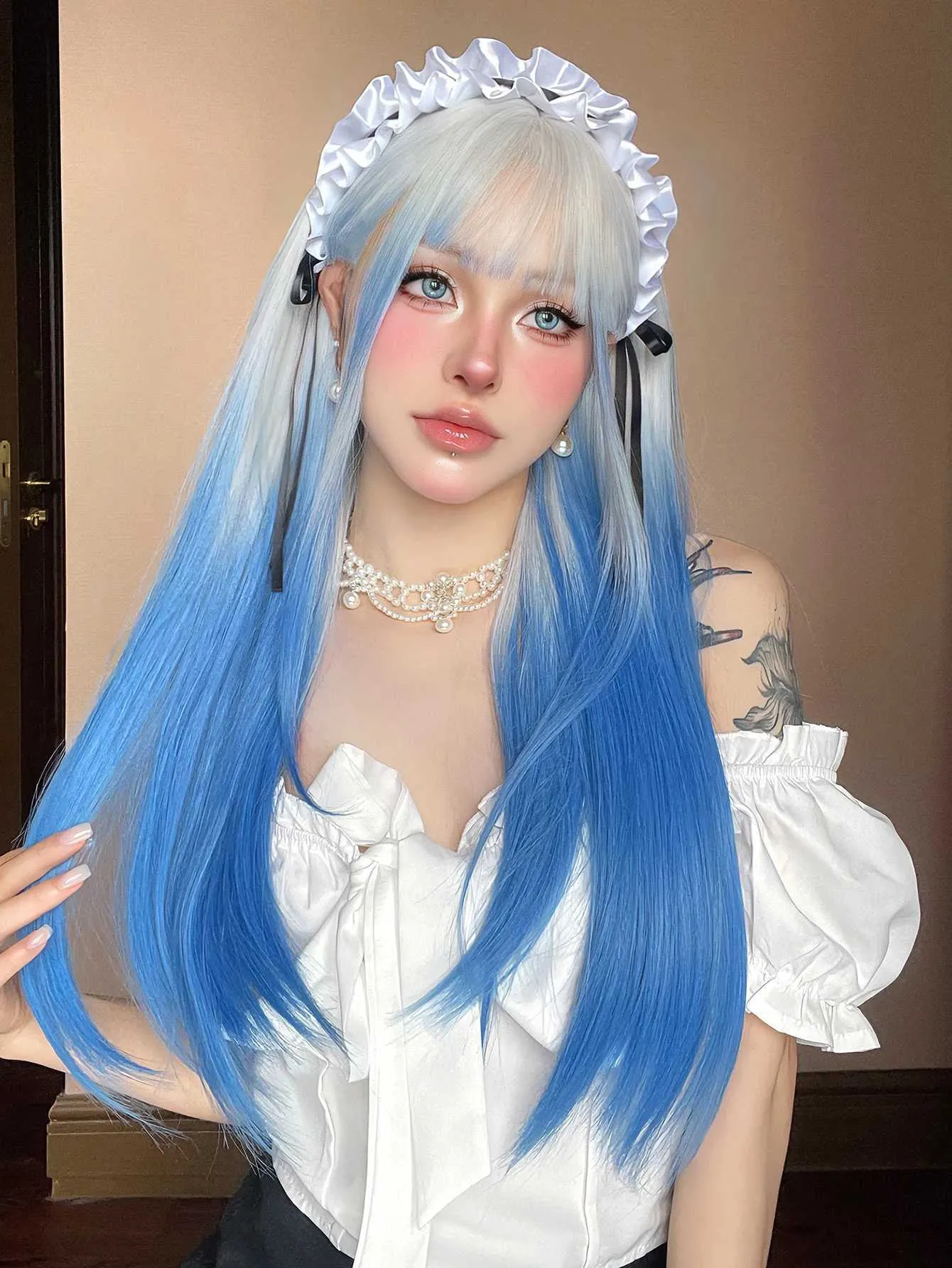 Blue Wig: Long Straight Synthetic Wig With Bangs Summer Style