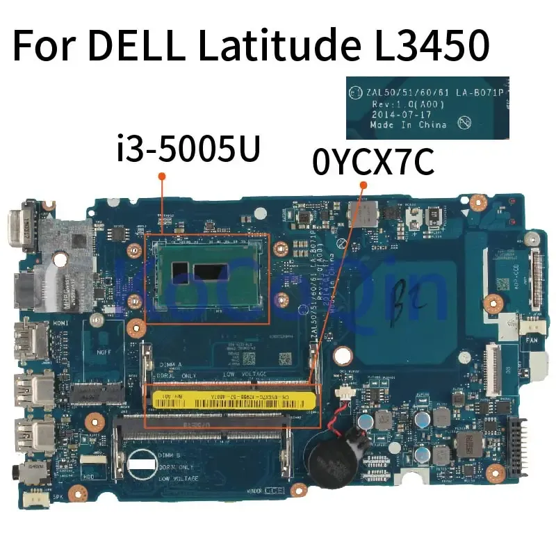 Moderkort för Dell Latitude 3450 L3450 i35005U Notebook Mainboard CN0YCX7C 0YCX7C LAB071P LAPTOP MODOBARBOD SR244 DDR3