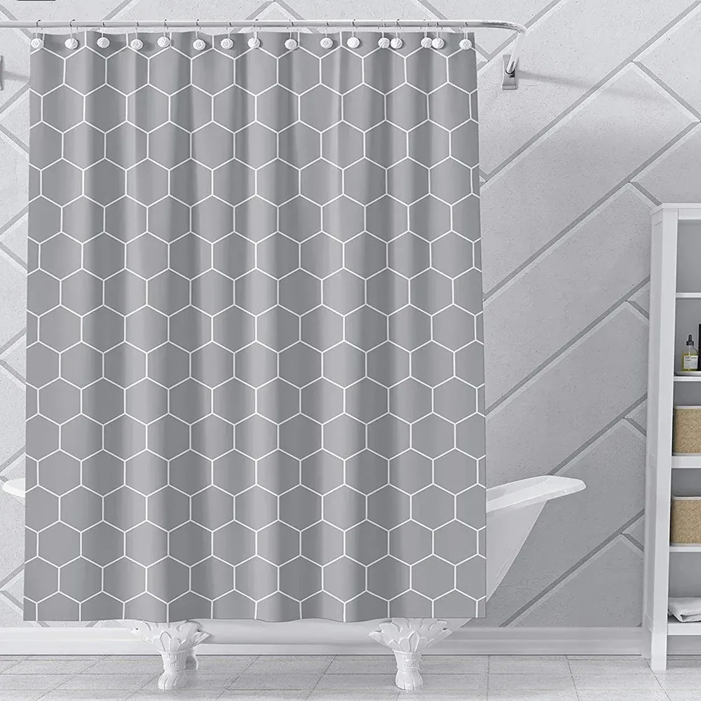 Tende per doccia in tessuto geometrico per bagno, schema a nido d'ape della griglia tende da bagno grigio bianco decorativo in tessuto in poliestere