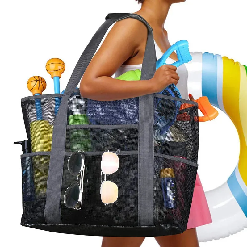8 fickor sommar stor strandväska för handdukar mesh hållbar strandväska för leksaker vattentätt underkläder fickstrand tygväska 240409