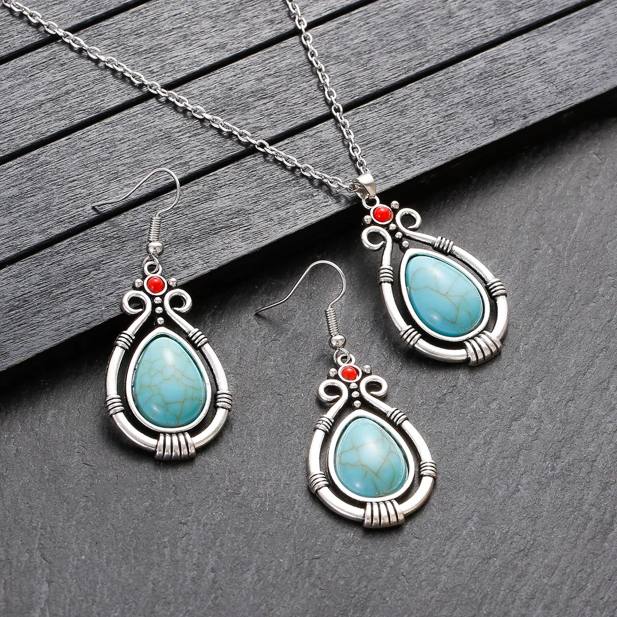 Ethnic Boho Water Drop Turquoises Stone Pendant Earring Set Vintage Silver Color Long Chain Necklace Sets Female Jewelry Bijoux