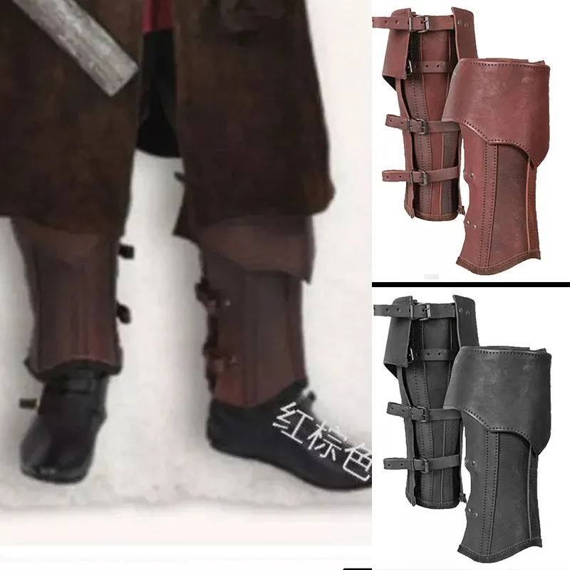 Mittelalterlicher Ritter Greaves Stiefel Schuhe bedecken bequeme PU -Leder -Bein -Rüstern Viking Pirat Halb -Chaps für Cosplay -Kostüm