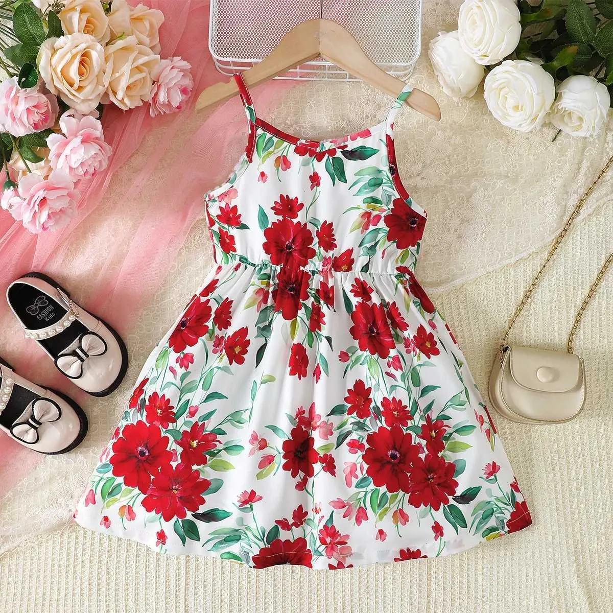 Flickans klänningar Nya 2024 Barnflicka Sling Dress Flower Print Sense Of Design Slip Dresses Summer Beach Daily Clothing For Kid Girl 4-7 år