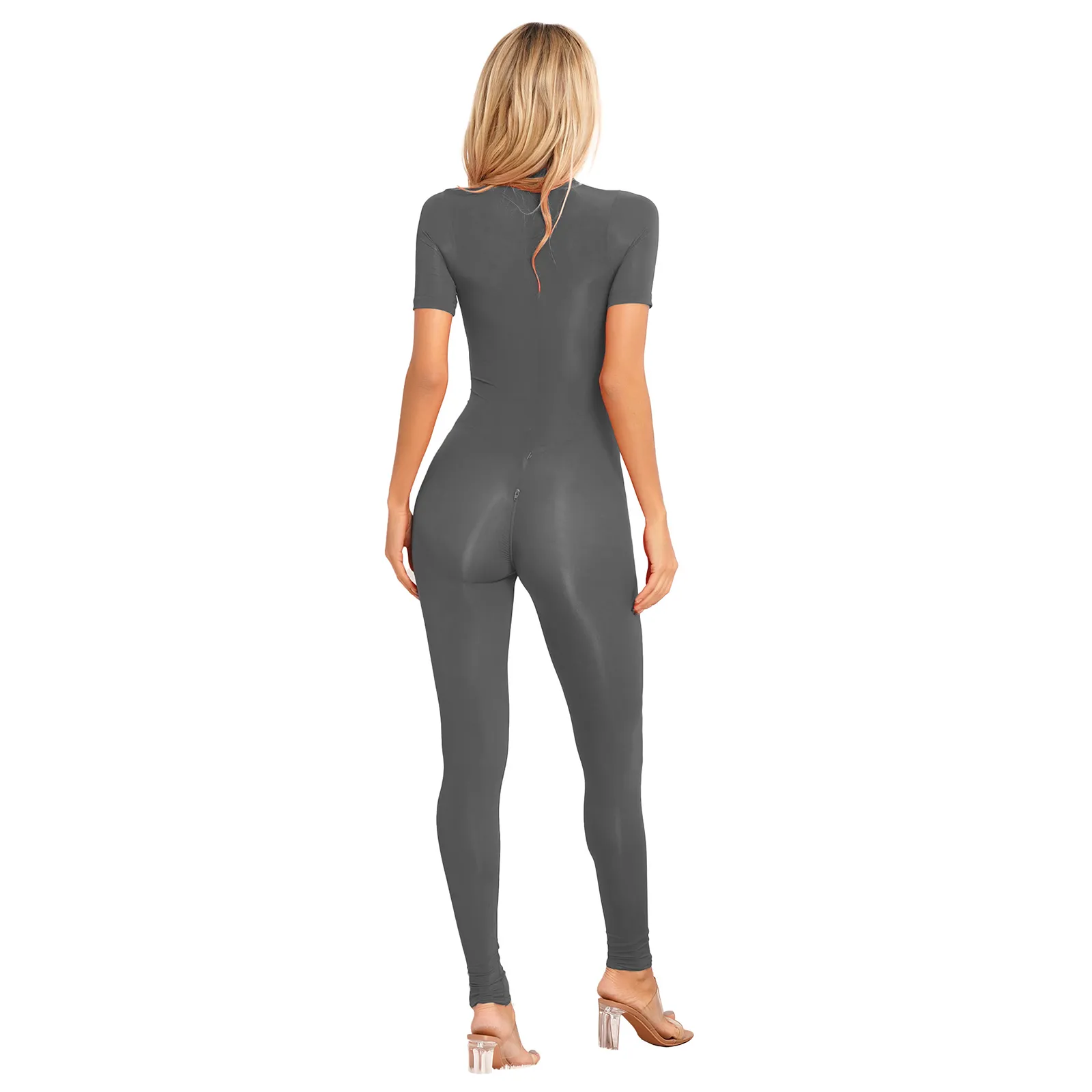 Vrouwen korte mouw solide kleur sport bodysuit jumpsuit sexy doorzichtige zipper open crotch unitard rompers nachtclub catsuit