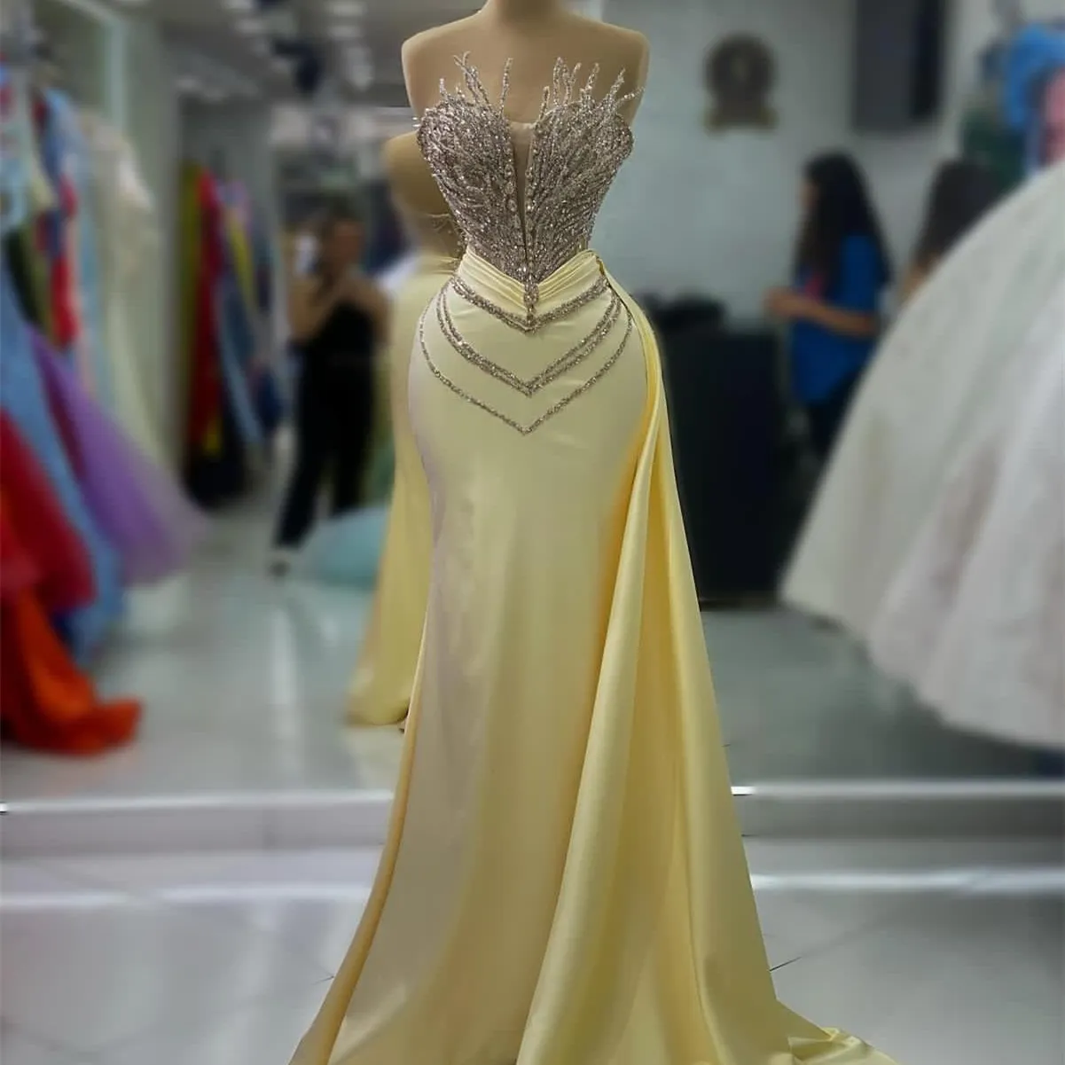 2024 Aso Ebi Arabic Champagne Mermaid Prom Dress Crystals Beaded Evening Formal Party Second Reception Birthday Engagement Gowns Dresses Robe De Soiree ZJ30