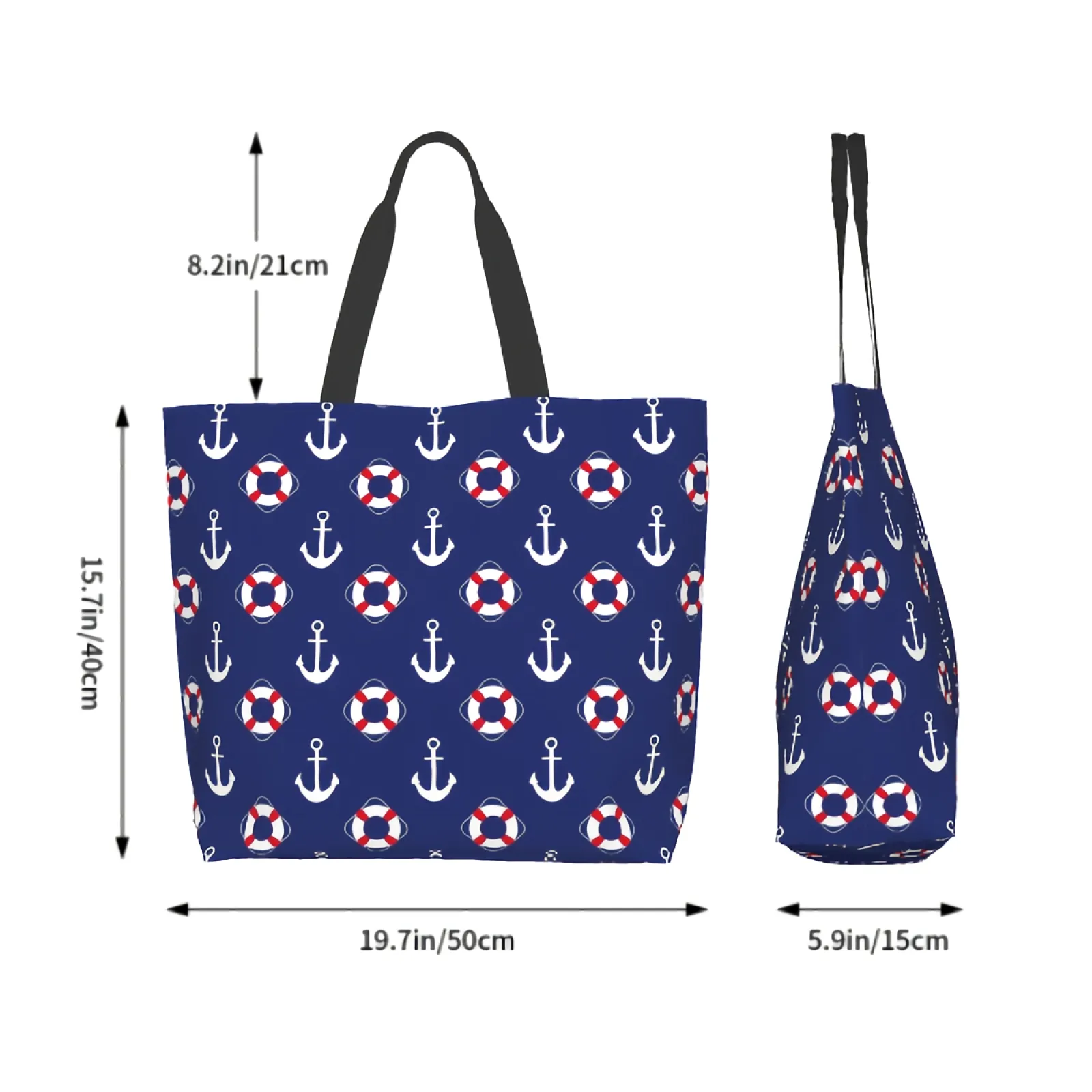 Blue Nautical Anchor Life Buoy Cute Ring Canvas Tote Bag for Women Weekend Kitchen Grocery Bags Bulk Large Casual