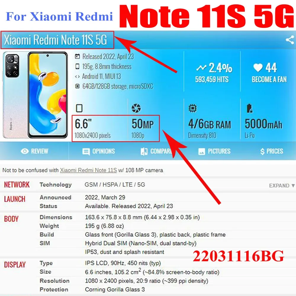 الأصلي 6.6 "LCD لـ Xiaomi Redmi Note 11S 5G عرض مجموعة رقمية شاشة اللمس مع لوحة مستشعر الإطار Pantalla Pantalla