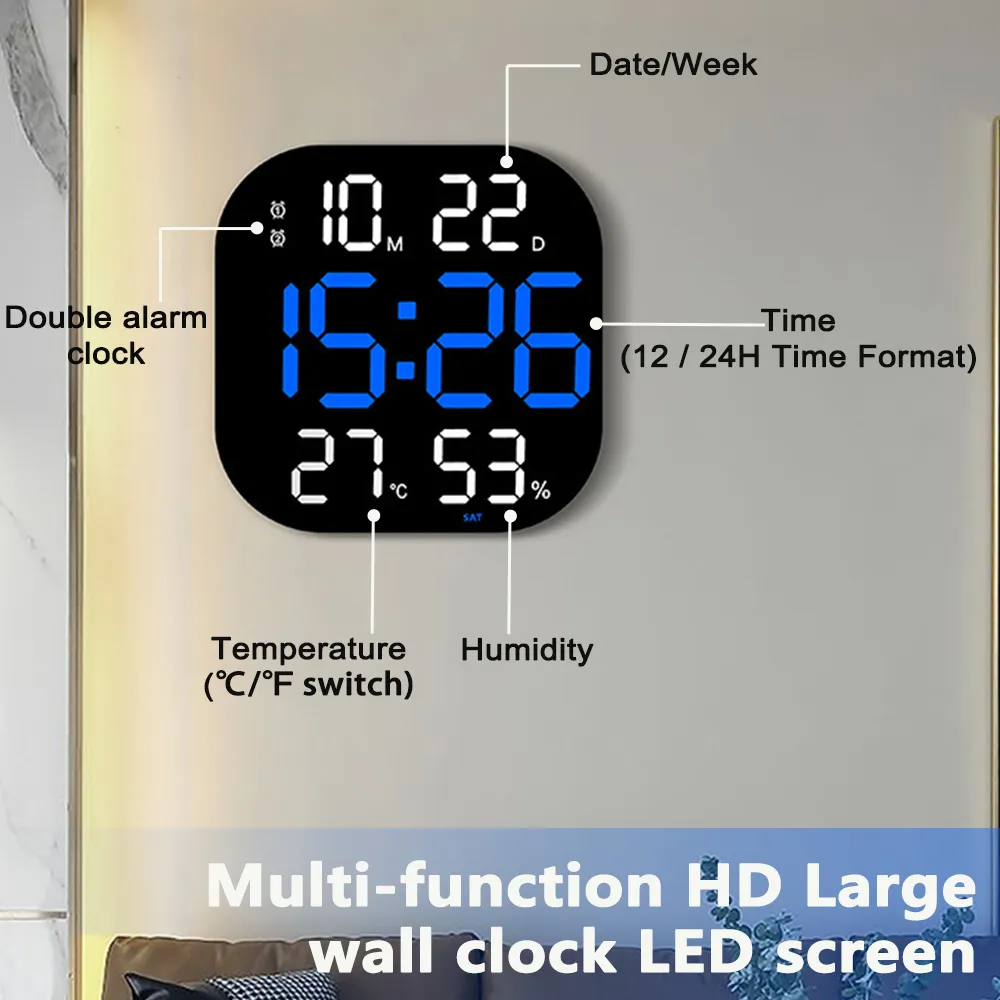 Dropshipme wandklok grote digitale klok telling down thermometer kalender date week display muur gemonteerde elektronische wekker