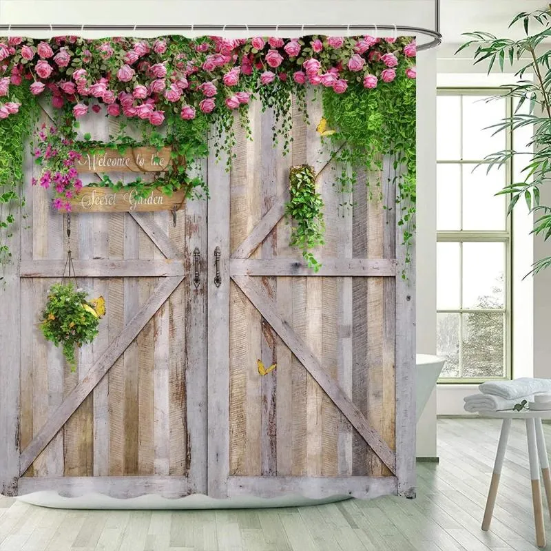 Tende da doccia per la porta vintage rosa rosa fiori di rosa foglie verdi foglie pianta da giardino decorazioni per bagno appeso con ganci