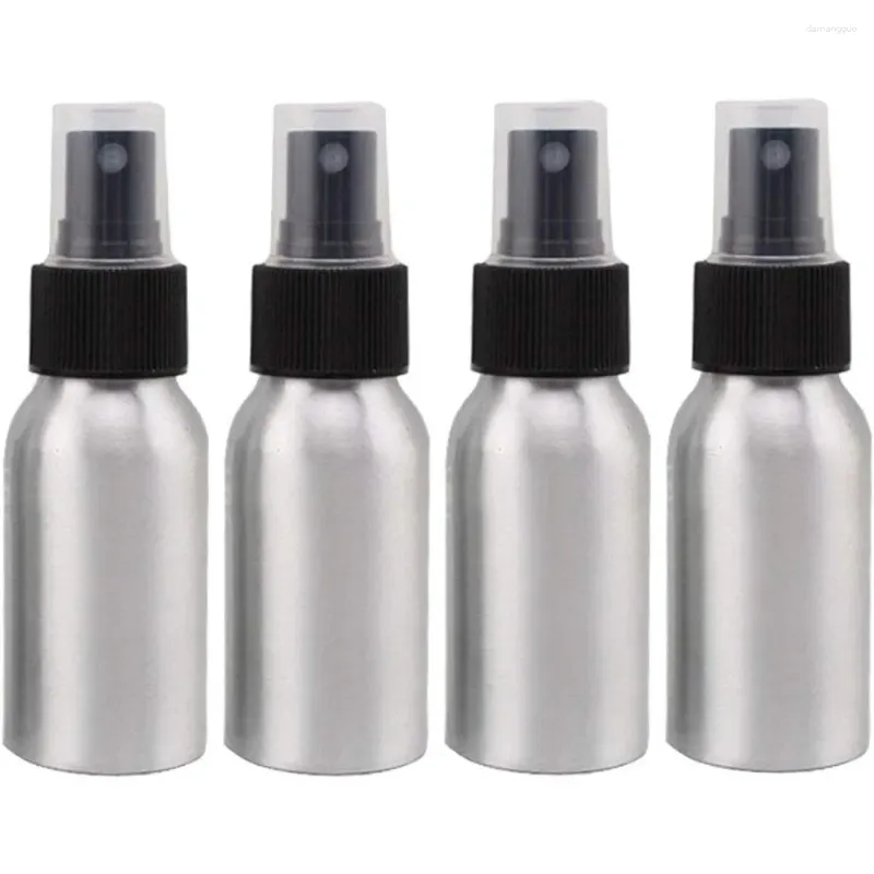 Bottiglie di stoccaggio 4pcs 50 ml Attomiser Atomiser per olio essenziale in alluminio Atomiser Fine Atomiser Metal Cosmetic Travel Contenitore