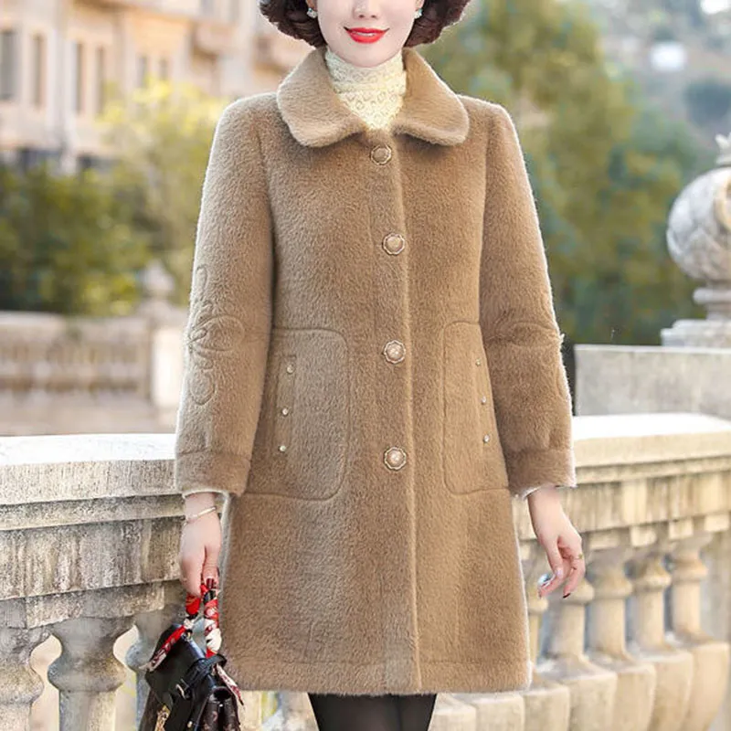 Winter Wool Jacket Women Mid Long Single-Breasted Turn-Down Collar