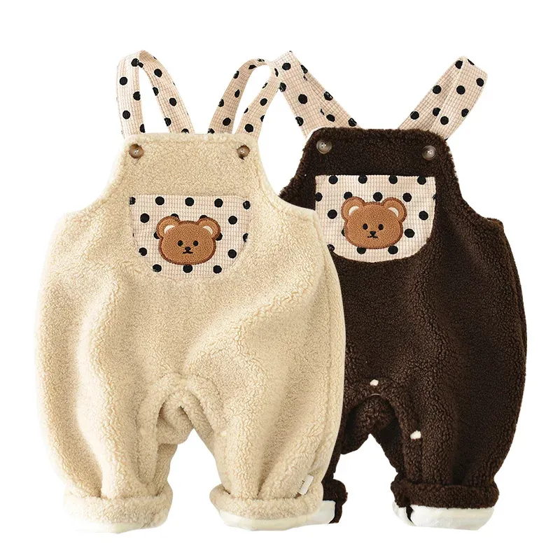 Trousers Autumn Winter Baby Overalls for Boys Girls Cartoon Bear Pocket Fleece Pants Newborn Suspenders Jumpsuit Thicken Infant Clothes