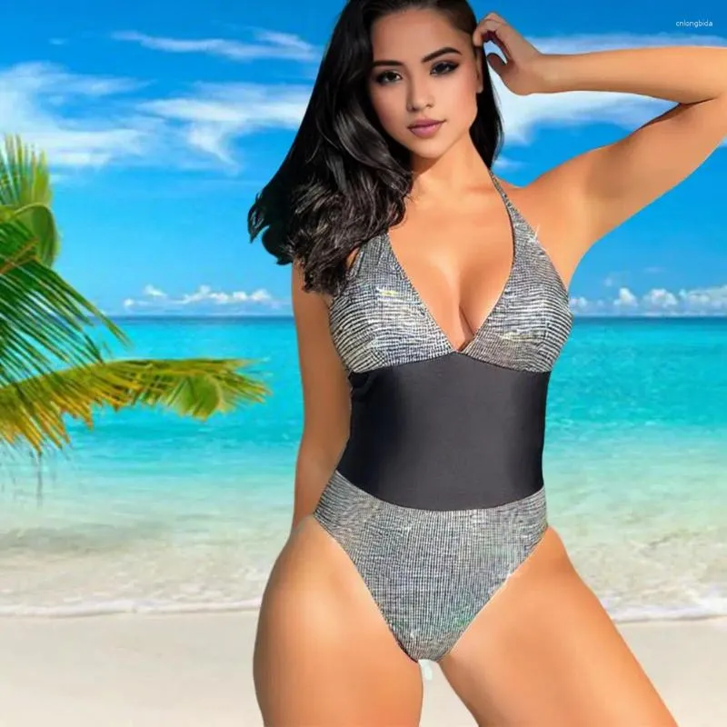 Women's Swimwear Halter Sexy Monokini Sparkling Sequin Patchwork With Lace-up High Waist Backless One-piece Bikini For Beachwear