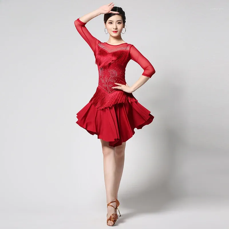 Stage Wear Latin Dance Dress Sexy Performance Costume Rose Diamond Pattern