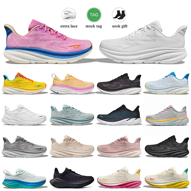 HK One One Clifton 9 peeds running shoes Fashionable Sneakers for Men and Women in Triple Black White and Pink with Lilac Shifting Sand Bondi 8 and Orange Cloud Available in Sizes 28 35