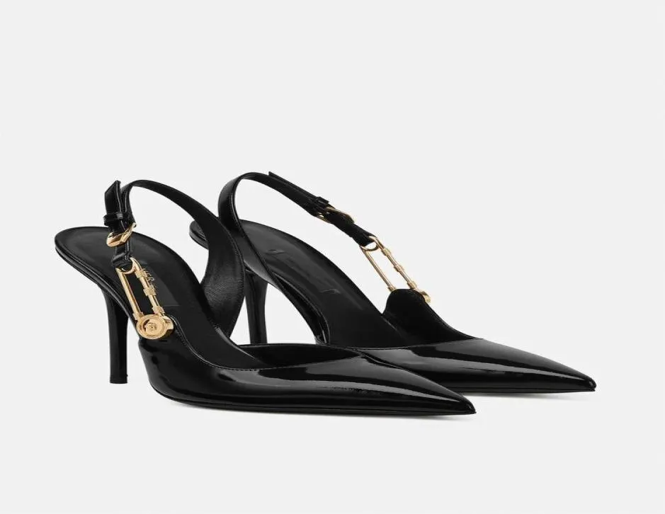 Designer klackar slingbacks kvinnor klädskor lyx säkerhetsstift pumpar 100 mm patent läder hög häl pekade tår eu3539 med låda d3073936