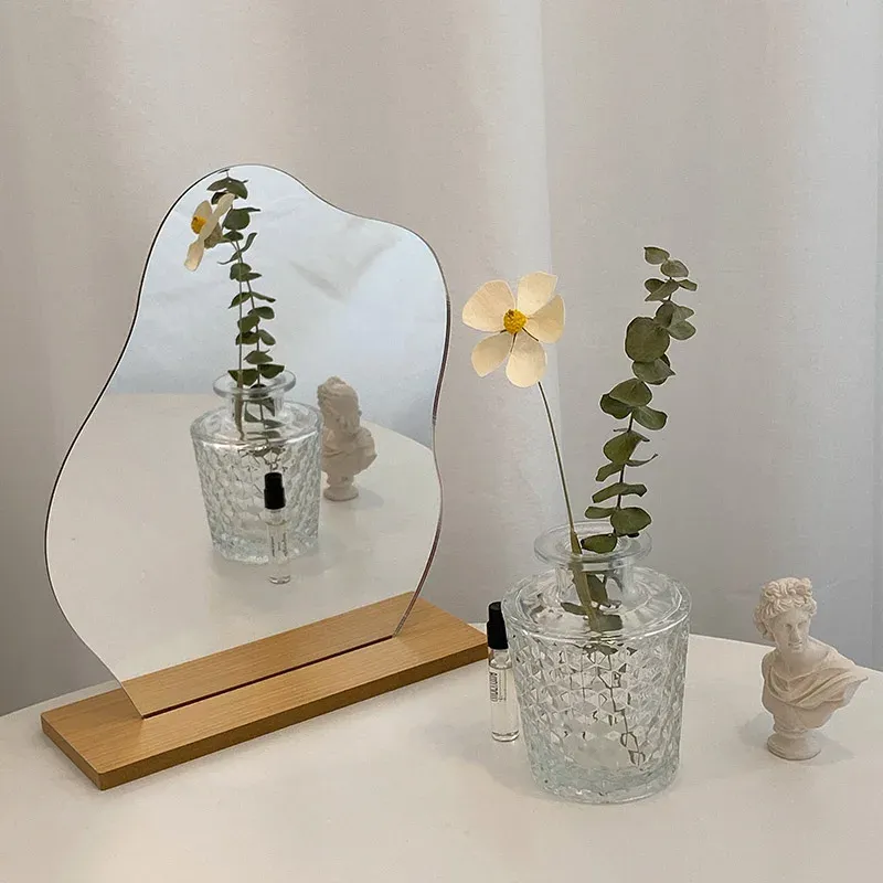 trendy-irregular-mirror-aesthetic-dorm-decor-wooden-frame-vanity