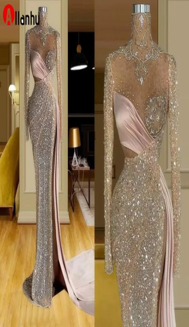 NYA 2022 SIDA SLIT SEXY SMERAMAID PROM Dresses Sparkly Crystal Beaded High Neck Long Sleeve Evening Gowns Women Arabic Special Occ8956304