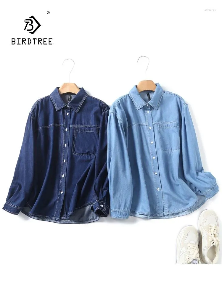 Blouses pour femmes Spring Cotton Denim Shirt Femme Femme Abèle à manches longues Versatiles Tops Girl Pocket Vintage Ol Blouse 2024 Automne T43092QC