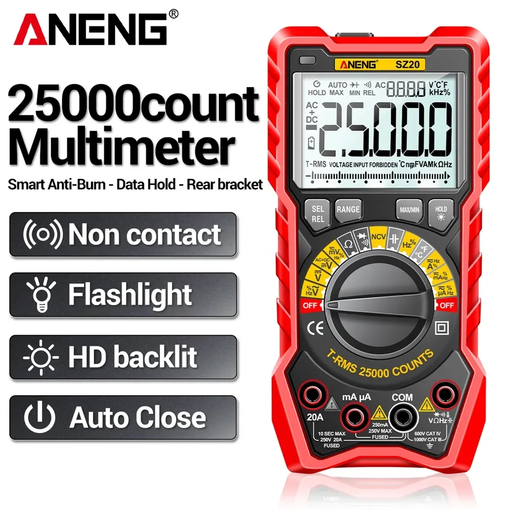 Aneng SZ20プロフェッショナルデジタルマルチメーターNCV AC/DC OHM HZ 25000カウントスマート電流メーターデジタルマルチメトロテスターツール