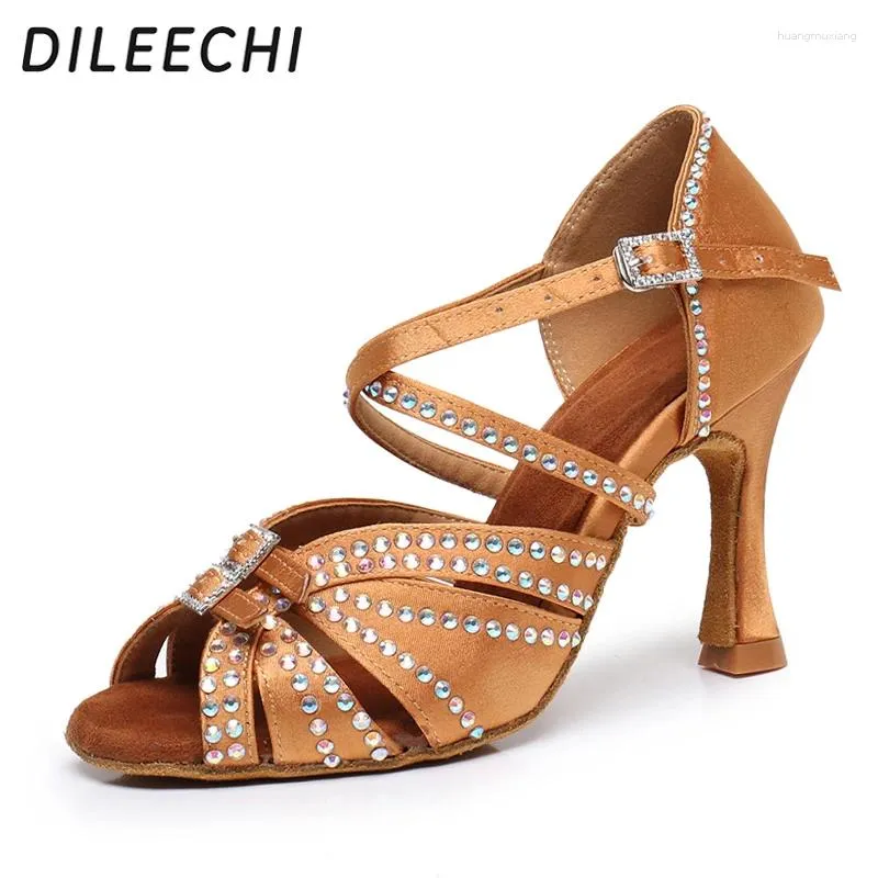 Dance Shoes Dileechi Latin Women Bronze Satin Rhinestones With Buckle Salsa Party Ballroom Dancing High Kuba Heel 9cm 2024