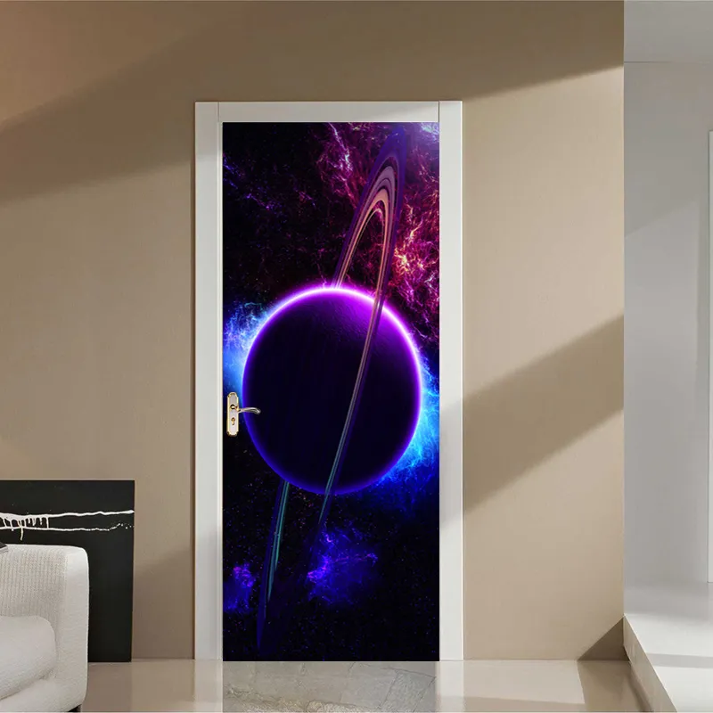 Modern 3D Space Planet Door Sticker Children's Bedroom Living Room Home Decor Mural Wallpaper Självhäftande dörr Poster Dekaler