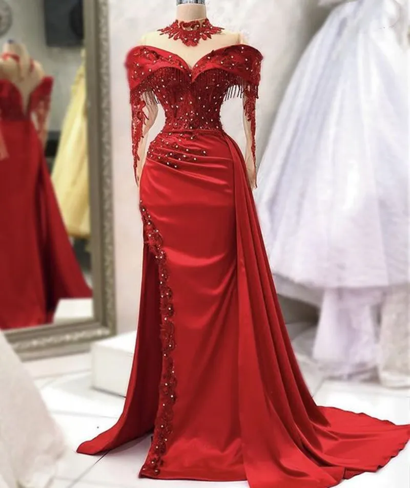 Sexy Side Slit Long Prom Dresses With Detachable Skirt Lace Appliques Beaded Off The Shoulder Dark Red Evening Gown For Women Pageant Party Special Occasion Dress
