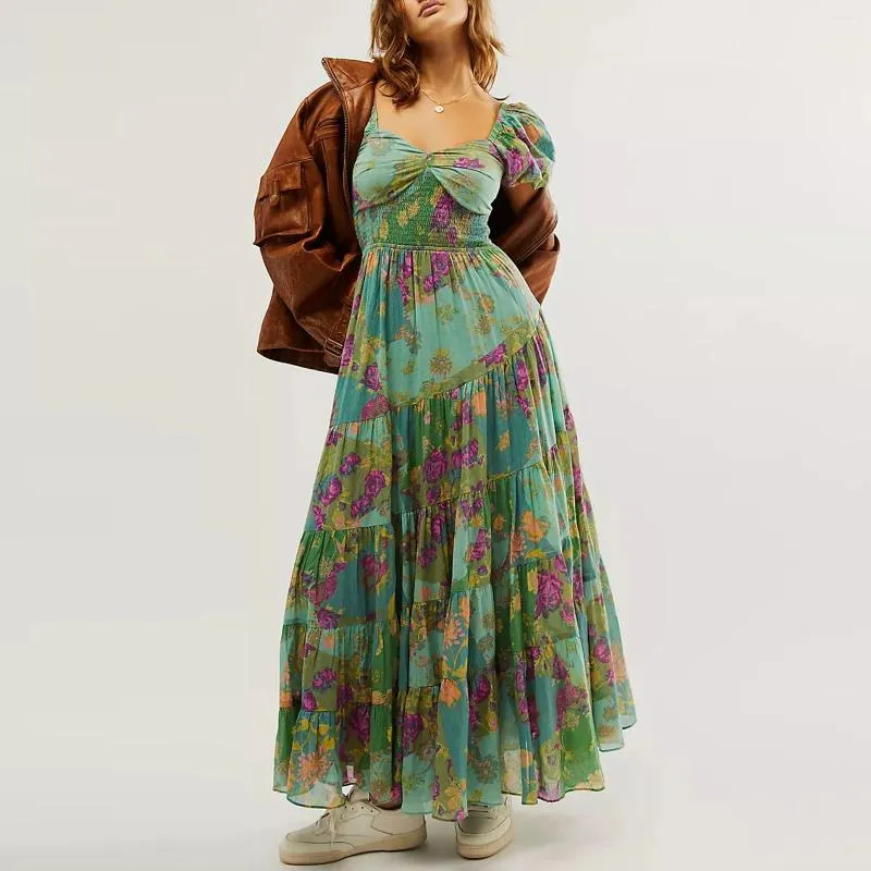 Bohemian Floral Square Neck Midi Dress for Women - Vintage A-Line Maxi with Ruffle Swing and Long Sleeves - Perfect for Beach and Casual Wear in 2024