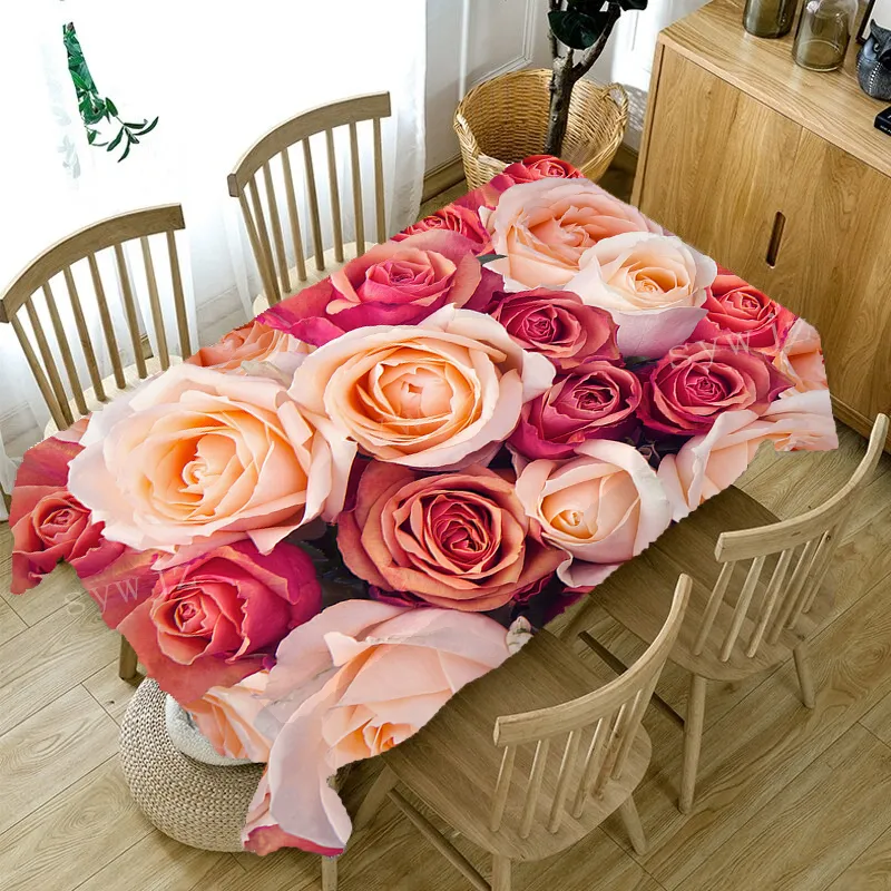 Red Rose Plant Pattern Tablecloth Oxford Cloth Rectangular Kitchen Table Cover Family Party Party Wedding Decorative Accessories