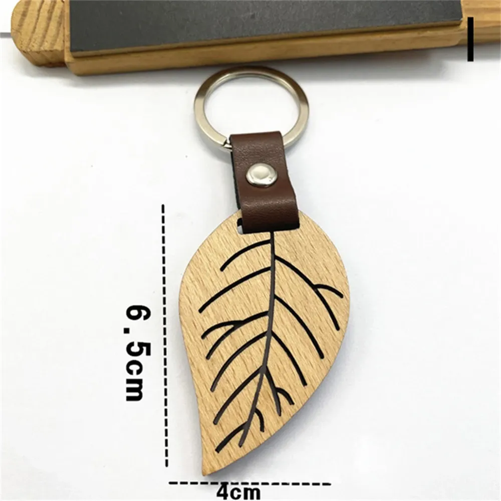 Creative Wooden Leaf Keychain Blank House Shape Keyring Pu Leather Bag Ornaments DIY Accessories Car Trinket Key Holder Charms