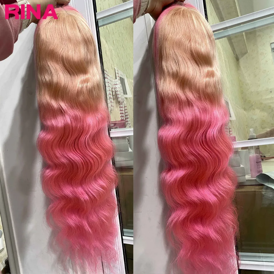 Ombre onda corporal rosa 13x4 peruca frontal de renda transparente para mulheres cor rosa 13x4 renda frontal Human Human Wigs Pré -explosão perucas