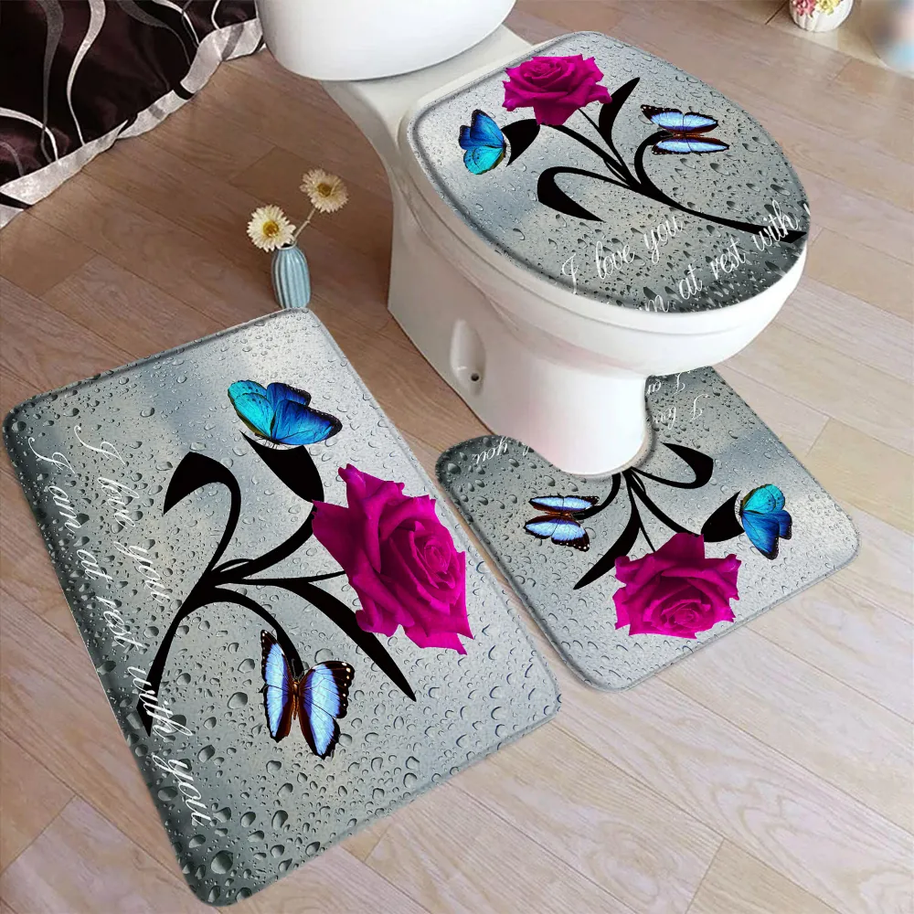 Blaugrüne Rosenbad Matte Blue Rose Blume Schmetterling grau rustikales Holzbrett kreative Retro Badezimmer Dekor Toilettenabdeckung Set Boden Teppich