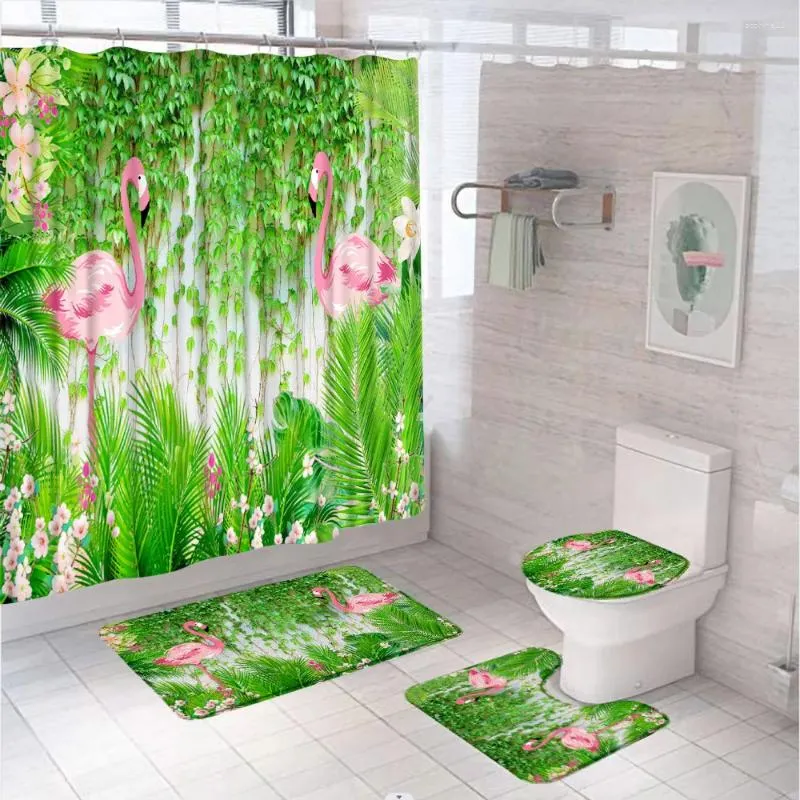 Shower Curtains 4Pcs Pink Flamingo Floral Bathroom Curtain Set Summer Tropical Palm Leaves Vine Bath Mat U-Shaped Rug Carpet Toilet Cover