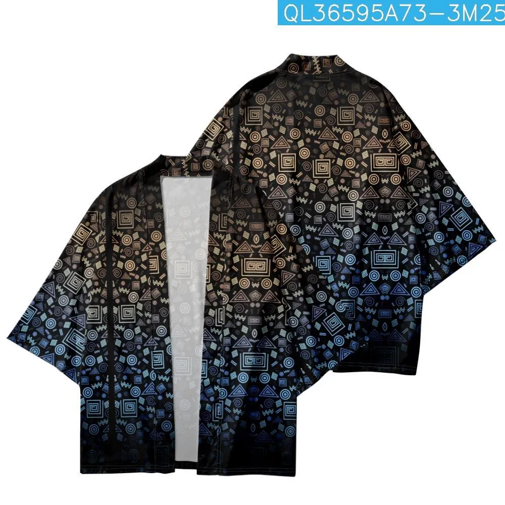 Geometriska mönster tryckt gradient Löst japansk Cardigan Streetwear Men Women Kimono Beach Shorts Skjorta Haori Cosplay Yukat
