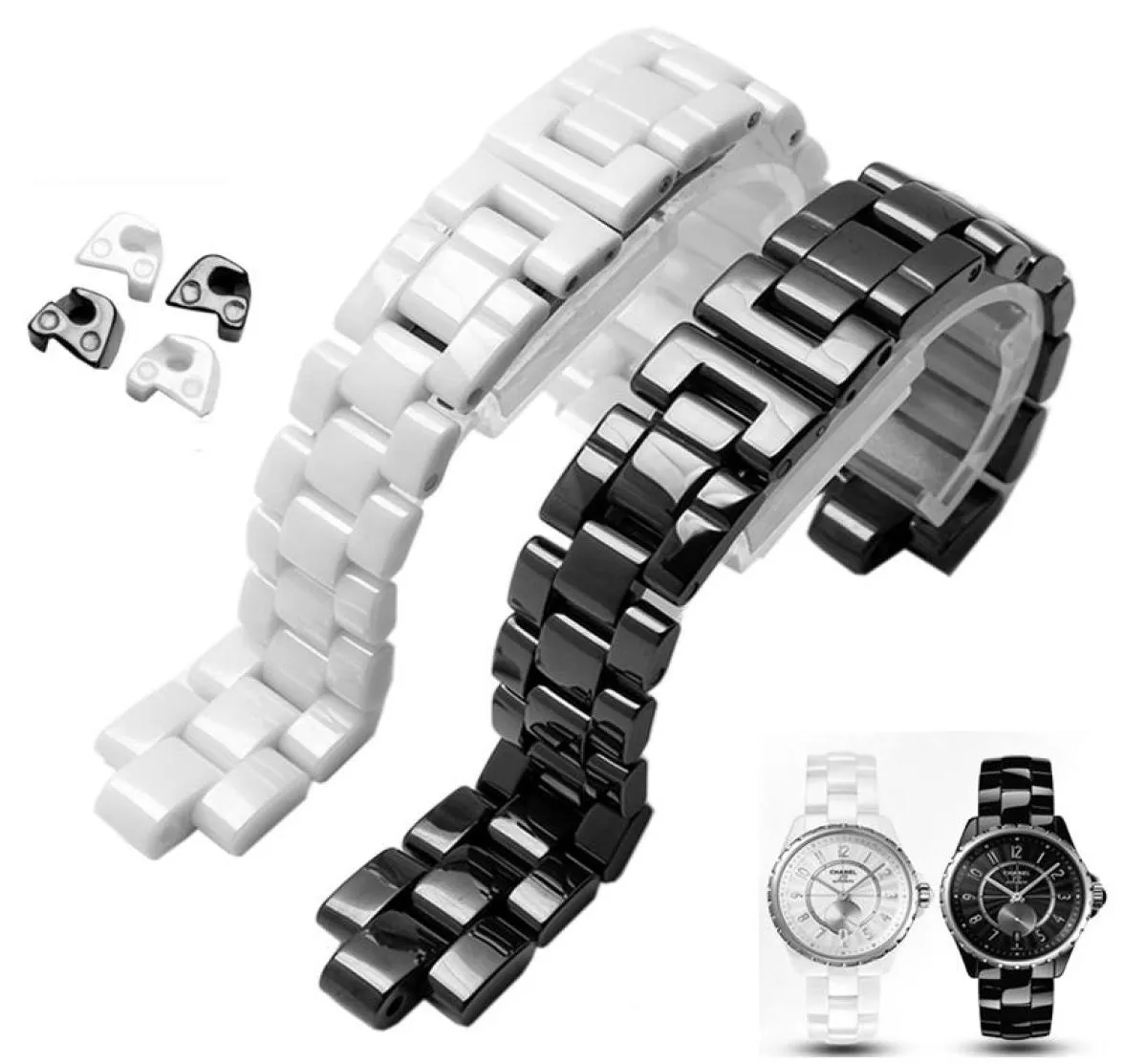 Watch Bands convexo Watch Band Cerâmica preta branca para J12 Bracelet 16mm 19mm Strap Links sólidos especiais dobráveis Buckle4039564